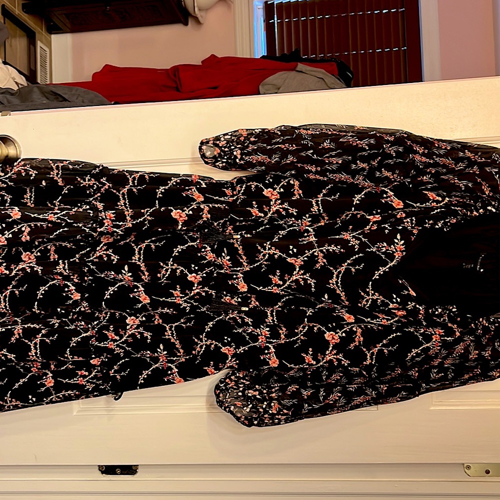 WhBM 14, long sleeve black, floral dress, above knee. Sheer arms, lined